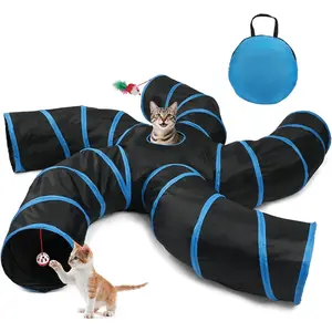 Road Cat Tunnel Indoor Cat Pet Tube Toy with Bell Ball and Toy Mouse S-Shaped Foldable Tunnel with Interactive Hole Suitable for Cats, Kittens, Rabbits, and Puppies (Blue and Black)