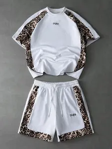 2 Piece Men's Leopard Print Patchwork Tracksuit Set, White Short Sleeve T-Shirt And Drawstring Shorts, Casual Streetwear For Summer Daily Wear Sports