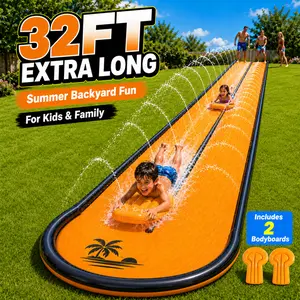 32FT Slip and Slide Water Slide for Kids, Extra Long Backyard Lawn Water Slide with Pool & 2 Inflatable Bodyboards, Summer Outdoor Water Toy