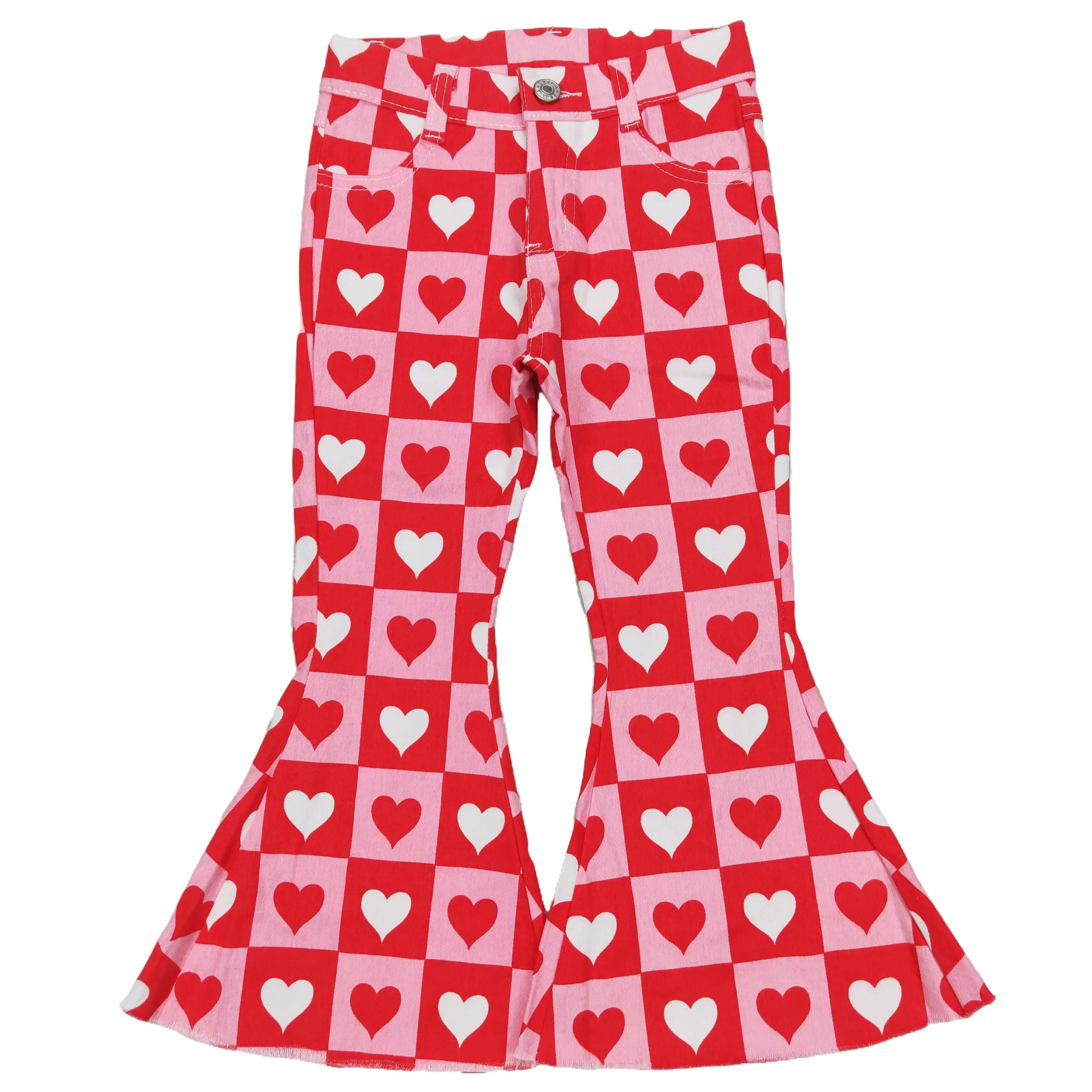 Girls' Red and Pink Flared Below-Ankle Pants - Heart-Embellished All-Seasons Kids' Bottoms for 12-18m,2t,4t,7-8t, Valentine’s Day Romantic Gift