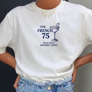 French 75 Old Soul Modern Twist T-Shirt – Vintage Cocktail Graphic Tee, Retro Parisian Bar Drink Illustration, Oversized Unisex White Shirt, Classic Mixology Statement Top