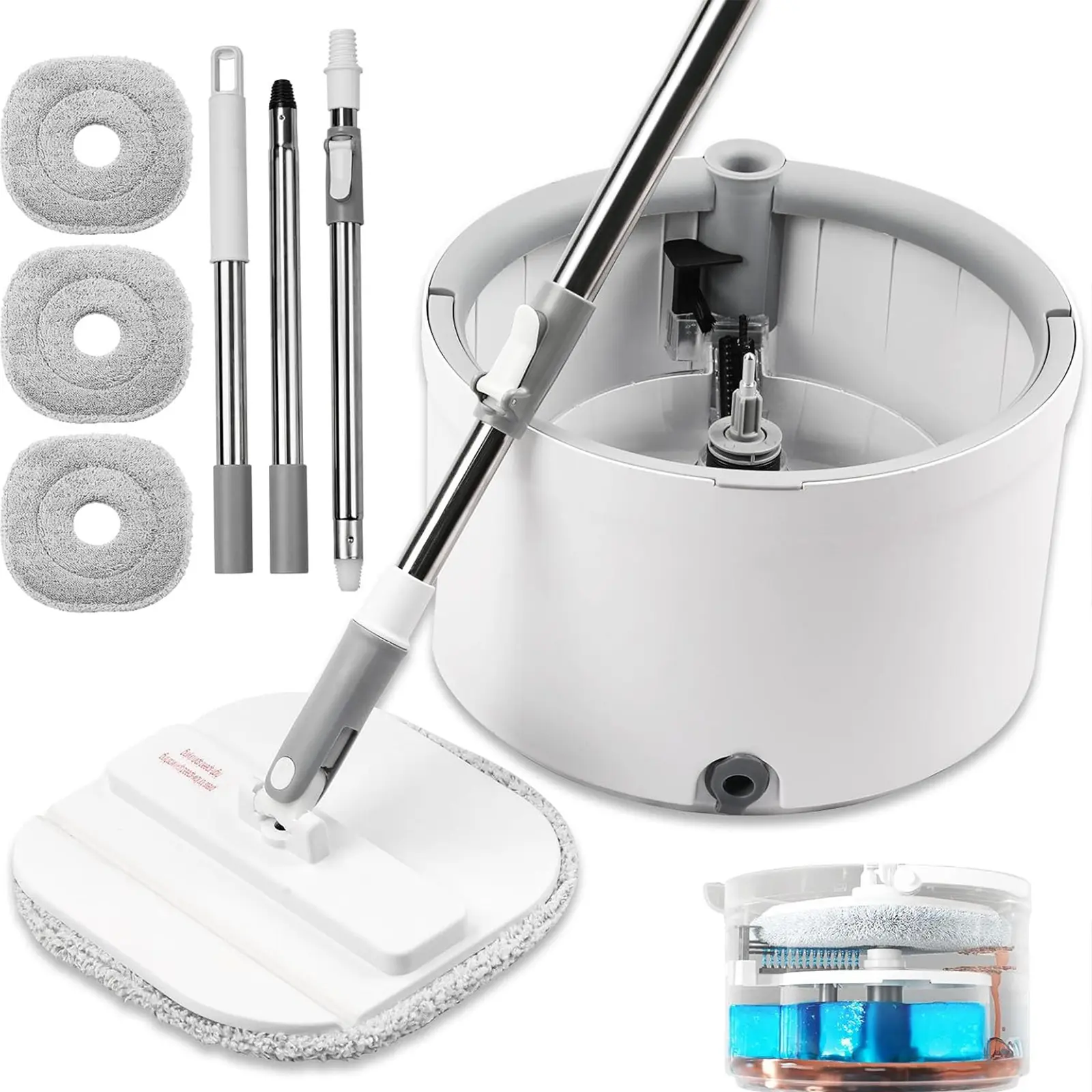 360° Round Spin Mop and Bucket System – Dual Compartment, Separate Clean & Dirty Water – 3 High-Absorbent Microfiber Washable Heads – All Types Floor Cleaning