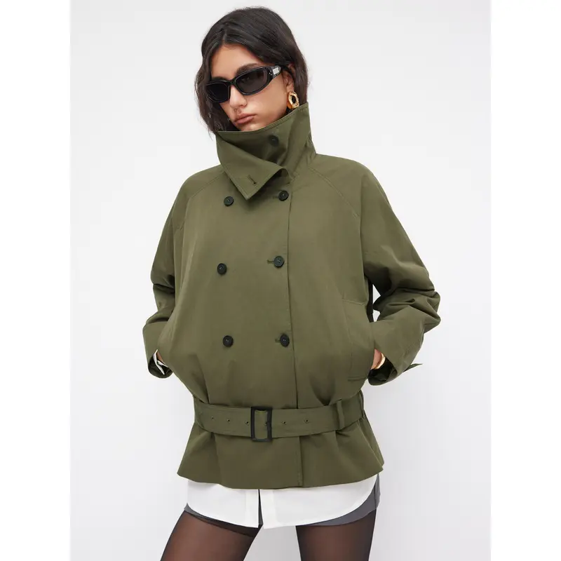 Cider Multi-way Cotton Stand Collar Double Breasted Oversized Windbreaker With Belt