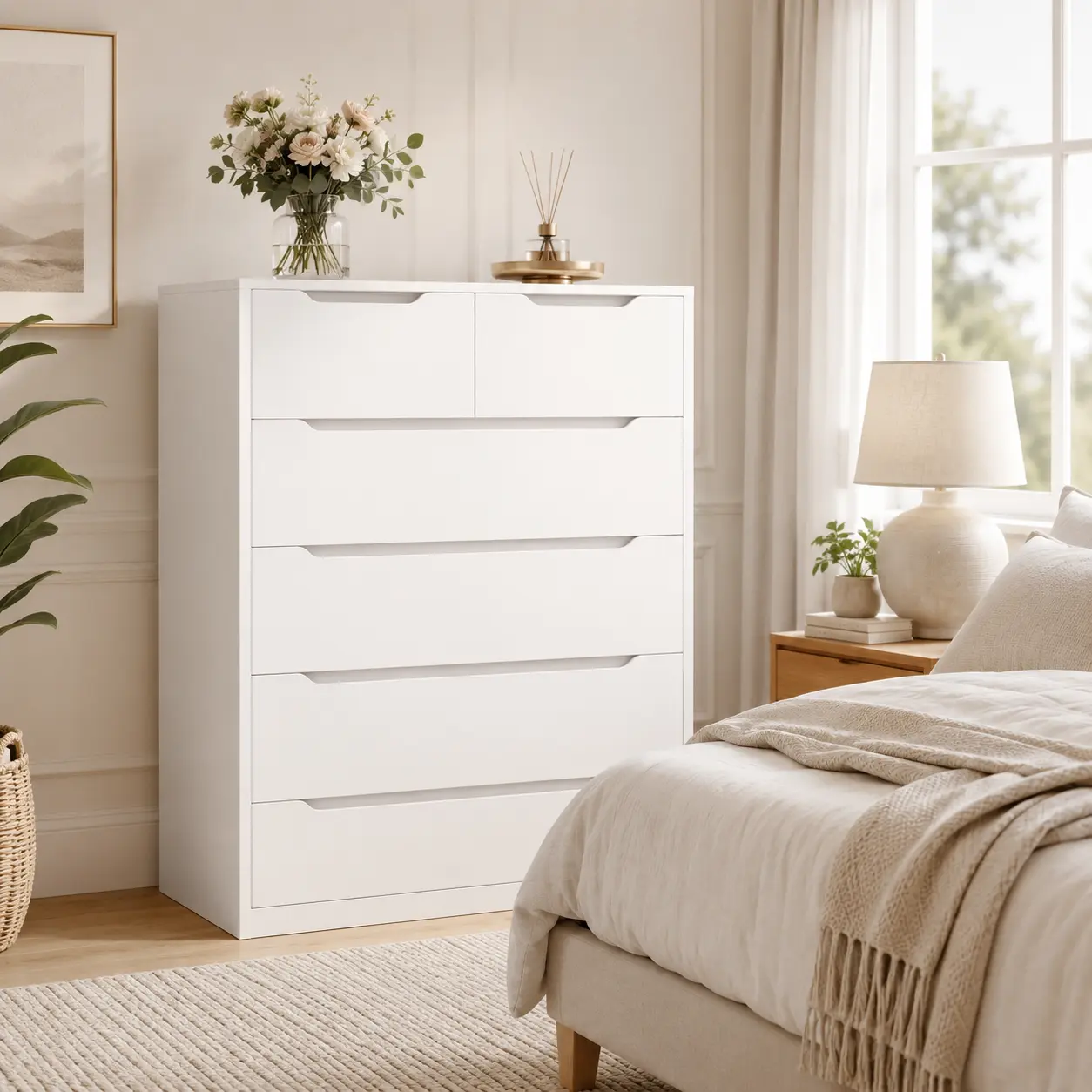 Raybee Tall Bedroom Dresser - 6 Large Wood Drawers with Smooth Metal Rails, Space Saving Bedroom Storage Cabinet, Multi-Drawer Floor Cabinet, Modern Neutral Large Indoor Unit for Entryway, Closet, Space Saving Cabinet,dorm essentials,home decor