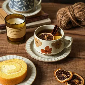 Vintage Coarse Ceramic Coffee Cup Set with Saucer, Luxurious High-End Feel, Elegant Porcelain Coffee Mug and Plate, Perfect for Gifting