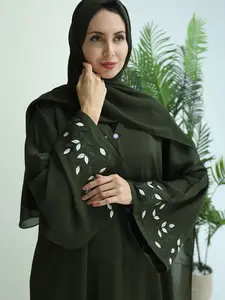 Fashion Pure Color Traditional Arabic Robe with Elegant Leaf Embroidery, Long Sleeve Dressing Gown, Stylish Home Wear, Comfortable Nightwear, Muslim Women Gowns