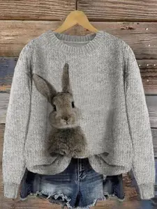 Cute Rabbit Print Loose Round Neck Knitted Sweater, Light Casual Pullover for Women, Comfortable and Stylish Fall & Winter Wear