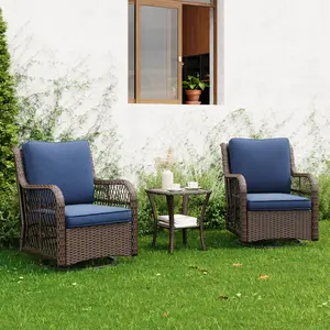 3-Piece Outdoor Wicker Glider Chair Set – 360° Swivel Rocking Patio Chairs – 4" Thick Cushions – Tempered Glass Coffee Table – All-Weather Garden Furniture for Porch, Deck, Balcony