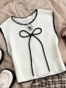 Women's Butterfly Knot Fitted Knit Vest, Colorblock Sleeveless Round Neck Top, Cute Ribbon Decor Tank, College Style Summer Shirt