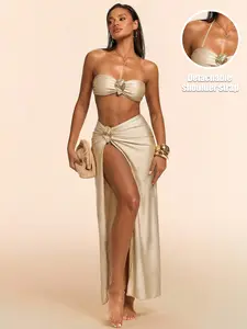 New Gold Coast Halter Split Thigh Three-Piece Swimsuit Set, Champagne Gold High Slit Skirt, Sleeveless Top with Metal Decorations, Halter Bikinis Set