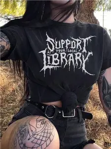 Death Metal Graphic T-Shirt, Vintage Casual Gothic Color T-Shirt, Custom Metal Tee, Dark Academia Aesthetic Plus Size Women T-Shirt For Hallowen Spooky Season