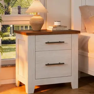 Farmhouse Nightstand with 2 Drawers, Brown Top & Distressed White Finish, Space-Saving Bedside Table for Bedroom, End Table for Living Room, Supports 170 LBS