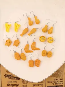 10 Pairs Fun Japanese Korean Food Simulation Chicken Wing Leg French Fries Egg Tart Earrings, Creative Girls Heart Ear Hooks Jewelry, Dangle Earrings Set