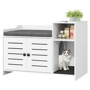 Garvee Multi-functional Cat Litter Box Enclosure Furniture with Double Doors, Front Access, Storage Shelf, Cushion & Mat in Wooden Farmhouse Styles like German Oak and Tigerwood, Ideal for Hallway and Bedroom Use