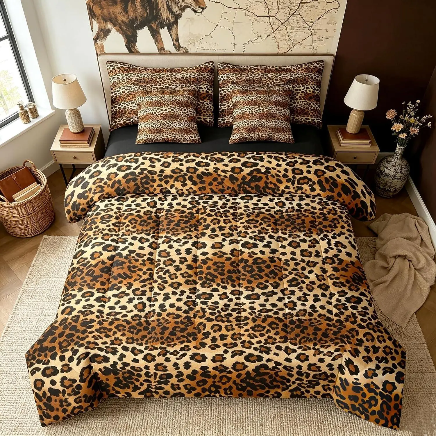 Leopard Comforter Set,Animal Print 7 Pcs Bedding and Adults Bed in a Bag,Classic Leopard Bed Sheet Sets with Fitted Sheet Pillowcases Bedroom Bed Decor Wild Pattern