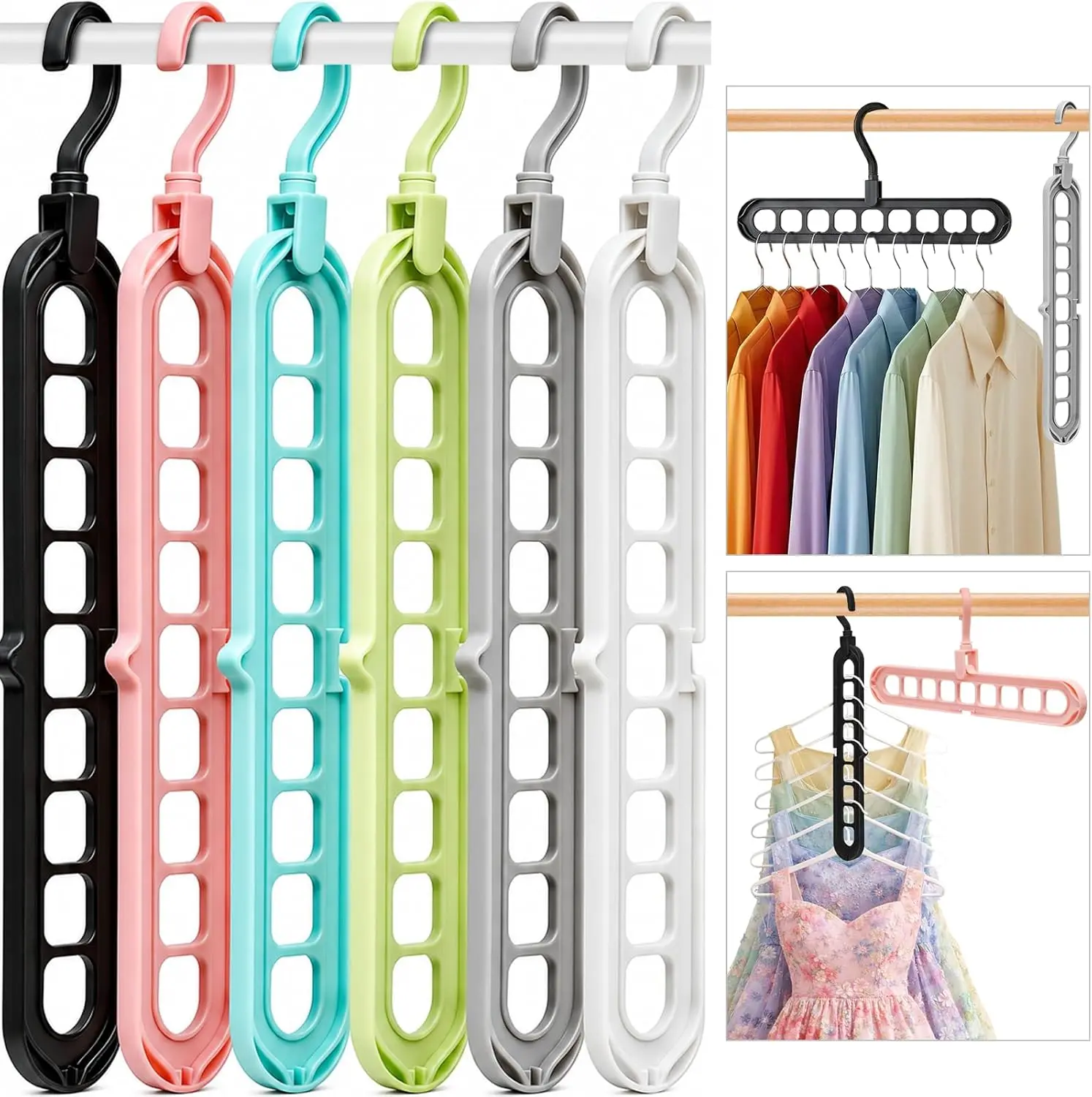 6-Pack Space-Saving Hangers with 9 Holes, Multifunctional Closet Organizers for Dorms and Wardrobes