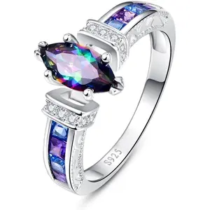 5x10mm Marquise Shape Simulated Mystic Rainbow Topaz 925 Sterling Silver Promise Ring for Her