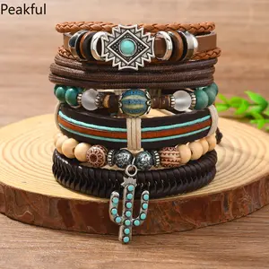 Bohemian Style Leather Woven DIY6 Bracelets Green Turquoise Cactus Pendant Multi-Layer Bracelets Cross
