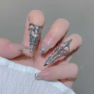 Gothic Silver Color Nail Cover Ring for Women Girls Punk Metal Rhinestone Hollow Fingertip Protective Cover Finger Rings Jewelry
