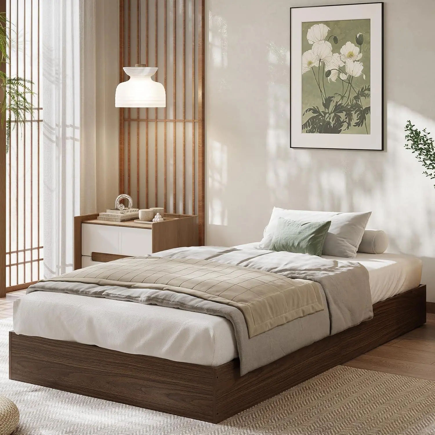 Twin XL Size Wood Bed Frame No Headboard, Low Profile Bed Frame with Wood Slat Support, No Box Spring Needed, Noise Free, Easy Assembly, Walnut