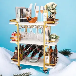 JUBAO 3-Tier Bar Cart for The Home Mobile Serving with Glass Holders and 8 Wine Racks Storage, H301 Gold & Marble White
