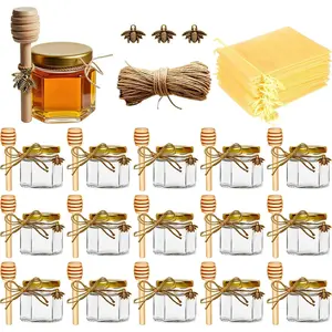 Honey Pot 2oz, Mini Glass Honey Jars with  Dipper,  Lid, Bee Pendants, Beige  Bags, Thank-you Tags, Ideal for  Showers Favors Wedding Favors, 15 Pack
