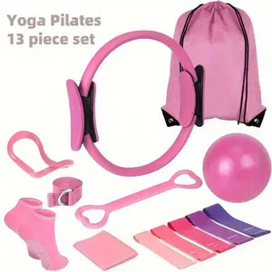 13-Piece Yoga & Fitness Set, made of solid-color PP material. Includes stretch trainer, core training ball, non-slip Pilates socks and storage bag. Ideal tools for body shaping and flexibility training.