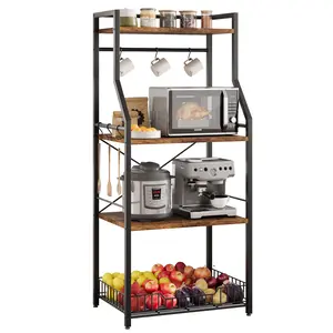 【GARVEE】Kitchen Bakers Rack, Microwave Oven Stand with Large Wire Basket, Industrial Coffee Bar Station, 4-Tier Kitchen Utility Storage Shelf with 8 Hooks for Spice, Pots Organizer, Brown