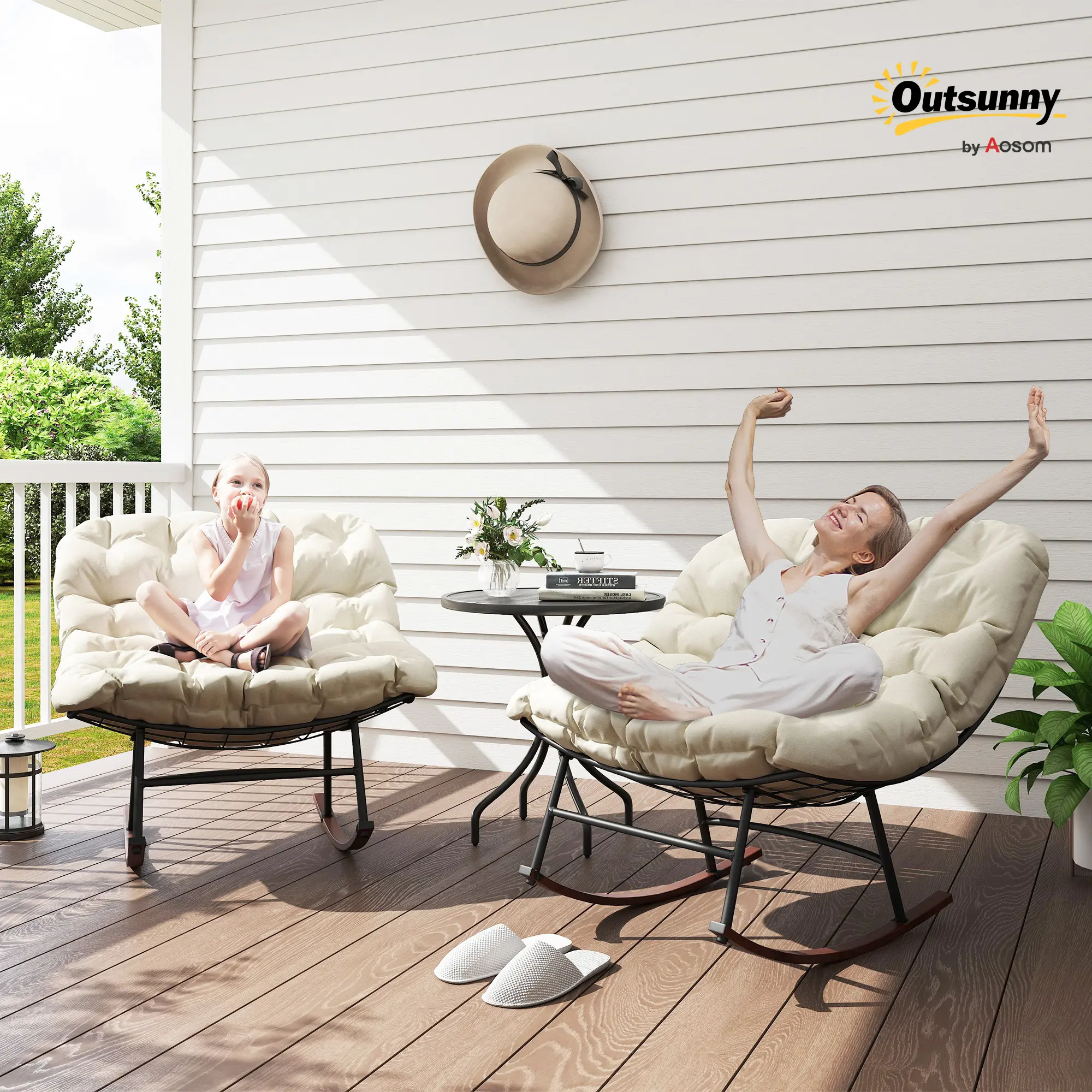 Outsunny Outdoor Summervibes Rocking Chair Set of 2, Oversized Rocking Papasan Chairs with Cushions, Steel Frame, Comfy Rockers for Patio Porch Lawn Garden, Black