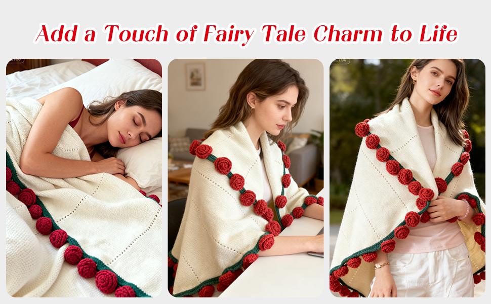 Finished Flower Bouquet Blanket, Handmade Crochet Flower Blanket, Soft Knitted Throw Rose Blankets, Romantic Gift for Birthday Wedding Valentine’s Day Mother's Day Christmas