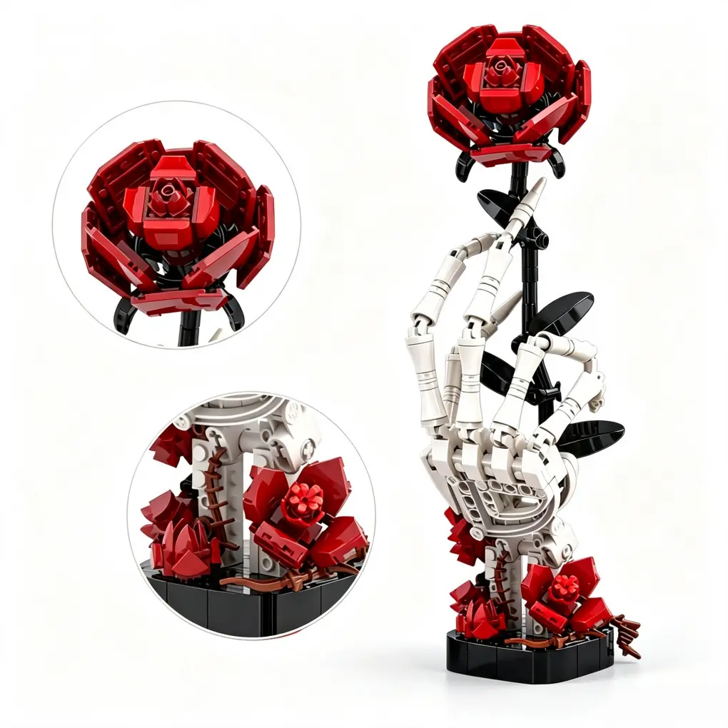 GOTHIC SKULL HAND ROSE BUILDING BLOCK SET, Movable Skeleton Hand Red Rose DIY Assembly Model, Dark Romantic Aesthetic Desktop Ornament, Spooky Gothic Room Decor Solves Dull Space Problems, Special Horror Style Gift For Teens Adult Gothic Lovers