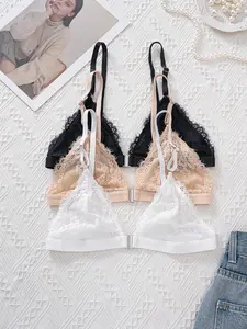 Women's Thin Lace Bra Set, Sexy Triangle Cup Front Buckle Fitted Design, Unlined Everyday Wear, All Seasons, 3 Piece Pack