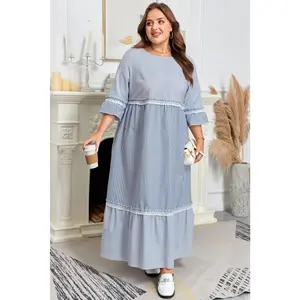Sky Blue Stripe Crisscross Lace Detail Mixed Striped Patchwork Plus Size Shift Long Dress
