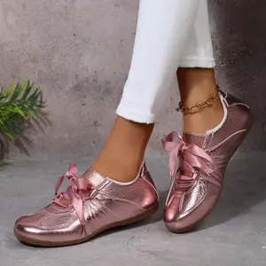 Women's Versatile Metallic Bow Sneakers Shiny Casual Flats Comfortable Daily Indoor Outdoor Footwear