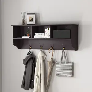 Espresso Entryway Wall Mounted Coat Rack with 4 Dual Hooks Living Room Wooden Storage Shelf