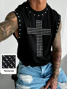 Men's Round Neck Sleeveless Casual Hip Hop Rivet Cross Graphic Vest, Wide Shoulder Rivet Embellished Design, Summer Wear, Comfortable Daily Use, Tops