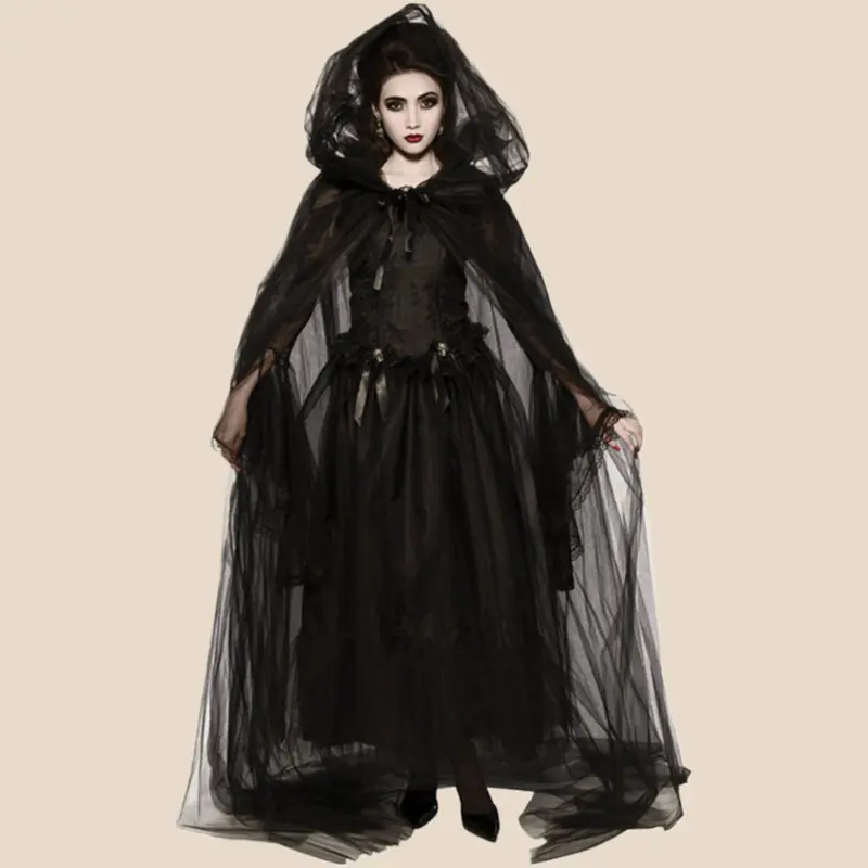 Women's Halloween Wandering Soul Ghost Costume Set - 1656 Black Cloak+Cape+Skirt+Gloves Polyester Fabric Outfit with Accessories, 2XL Style for 18-24 Years Old Nightclub Carnival Events