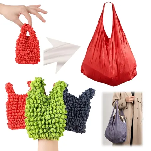 High-Capacity Popcorn-Pleated Foldable Reusable Stretchable Compact Grocery Tote Bag - Business, Casual, Evening Use, Garage & Home Organizer Storage Bag for Daily Grocery Shopping