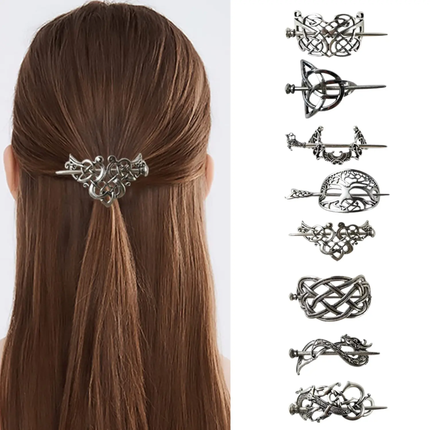 8PCS Hair Clips, Viking Celtic Hair Sticks, Celtic Knot Hairpin, Retro Silver Vintage Metal Hair Barrette, Viking Jewelry Clip, Minimalist Hair Accessories for Women and Girls
