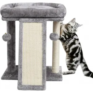 Small Cat Tree with Scratching Post, Cat Scratching Board for Adults, Cat Post Scratcher for Indoor Cats, 2 Dangling Balls Great for Kittens (Light Grey)