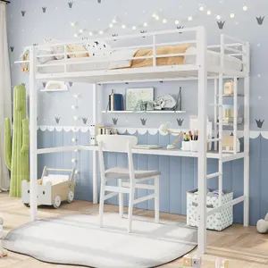 Loft Bed Twin Size with Large Desk and 2-Tier Storage Shelves, Heavy Duty Metal Loft Bed with Ladder and Guardrail for Kids and Adults,White and Gray