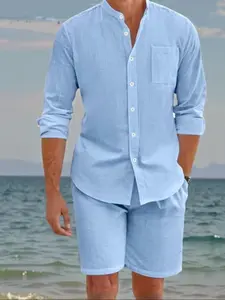 Men's 2-piece, Fitted casual set, long-sleeve shirt + drawstring waist shorts. The long-sleeve shirt features pockets and a button-front design, the shorts are pocketed and sporty. 2025 new style with adjustable cuffs, men's full outfit