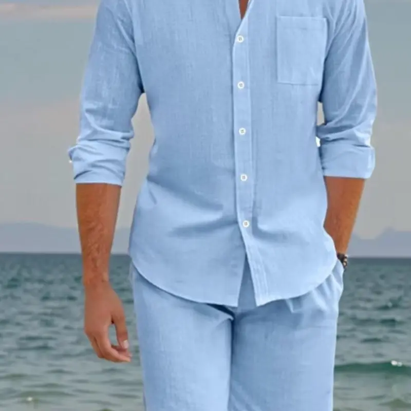 Men's 2-piece, Thin Fitted casual set, long-sleeve shirt + drawstring waist shorts. The long-sleeve shirt features pockets and a button-front design, the shorts are pocketed and sporty. 2025 new style with adjustable cuffs, men's full outfit