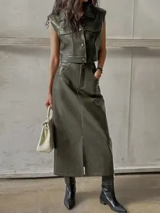 Women's PU Two-Piece Set Outfit, Sleeveless Button Short Vest + High Waist Split Long Skirt, Casual Fitted Style, Plain Pattern