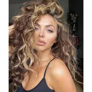 Brown Highlights Long Curly Wigs for Women Heat Resistant Synthetic Hair Brown Mixed Blonde Wave Curly Wig