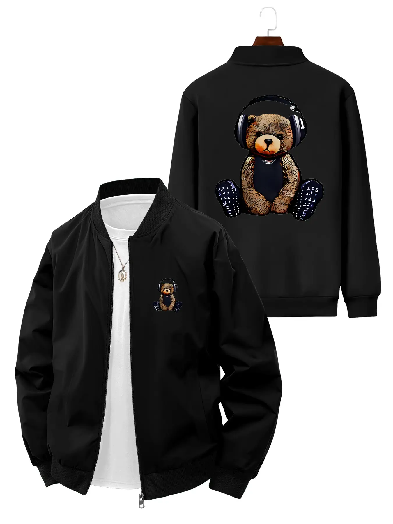 Trendy Fashion Men's Cartoon Bear with Headphones Printed Bomber Jacket for Daily Casual Street Style and Outfit