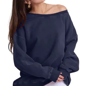 Fleece Pullover Women cute long sleeve top with Soft Batwing Sleeves and Big Round Neck Breathable and Comfortable Street off the shoulderchristmas Casual Sweatshirt oversized One shoulder Stylish  for Valentine's Day Gifts