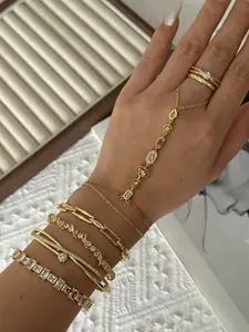 Women's Copper Zirconia Jewelry Set, 7-Piece Bracelet Bangle Ring Collection, Elegant Daily Wear Accessory Gift