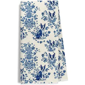 16x24 Inch Chinoiserie Boston Terrier Dog Kitchen Hand Towels Grandmillennial Toile de Jouy Boston Terrier Gifts for Women Men for Kitchen Bathroom