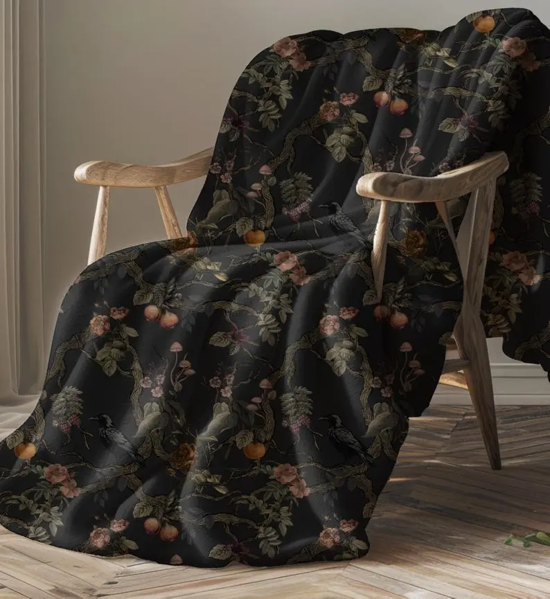Gothic Chinoiserie Throw Blanket | Moody Dark Botanical Raven Tapestry | Cottagecore Cozy Victorian Blanket for Bedroom or Living Room, Extra Soft, Warm Throw Blanket for Bed, Couch, Travel, Home & Outdoors, Perfect Gift for Kids & Adults